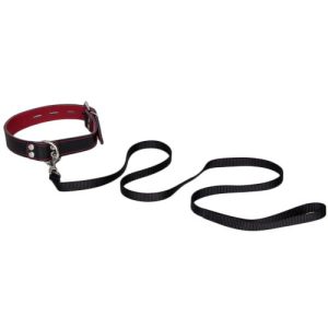 Bondara Luxe Black and Red Leather Collar with Leash
