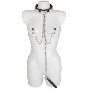 Bondara Luxe Metal and Leather Collar, Leash and Nipple Clamps