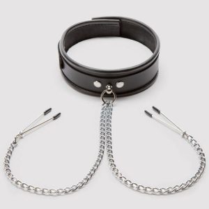 DOMINIX Deluxe Leather Collar with Nipple Clamps