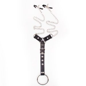 Dominator Faux Leather Nipple Clamp And Cock Ring Chain Harness