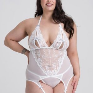 Lovehoney Plus Size Peek-a-Boo White Lace Merry Widow Bustier Set