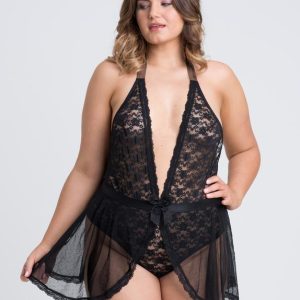 Lovehoney Plus Size Peony Black Sheer Mesh and Lace Crotchless Body